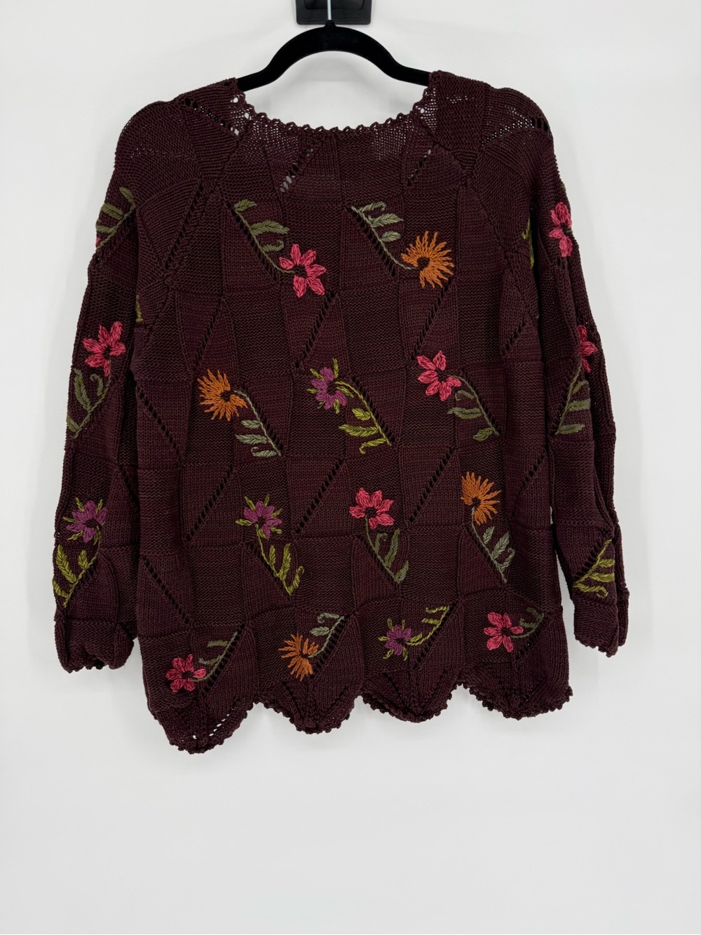 Peruvian Connection L Embroidered Pima Cotton Open Knit Floral Sweater Boho Art - Picture 7 of 14